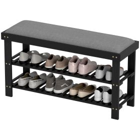 HOMCOM Bamboo Shoe Storage Bench, 3-Tier Entryway Bench with Cushion, Shoe Organizer for Entryway, Hallway, Black