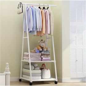 Stainless Steel Rolling Garment Rack with 2-Tier Shelves and 2 Hooks, Portable Metal and Plastic Clothes Organizer